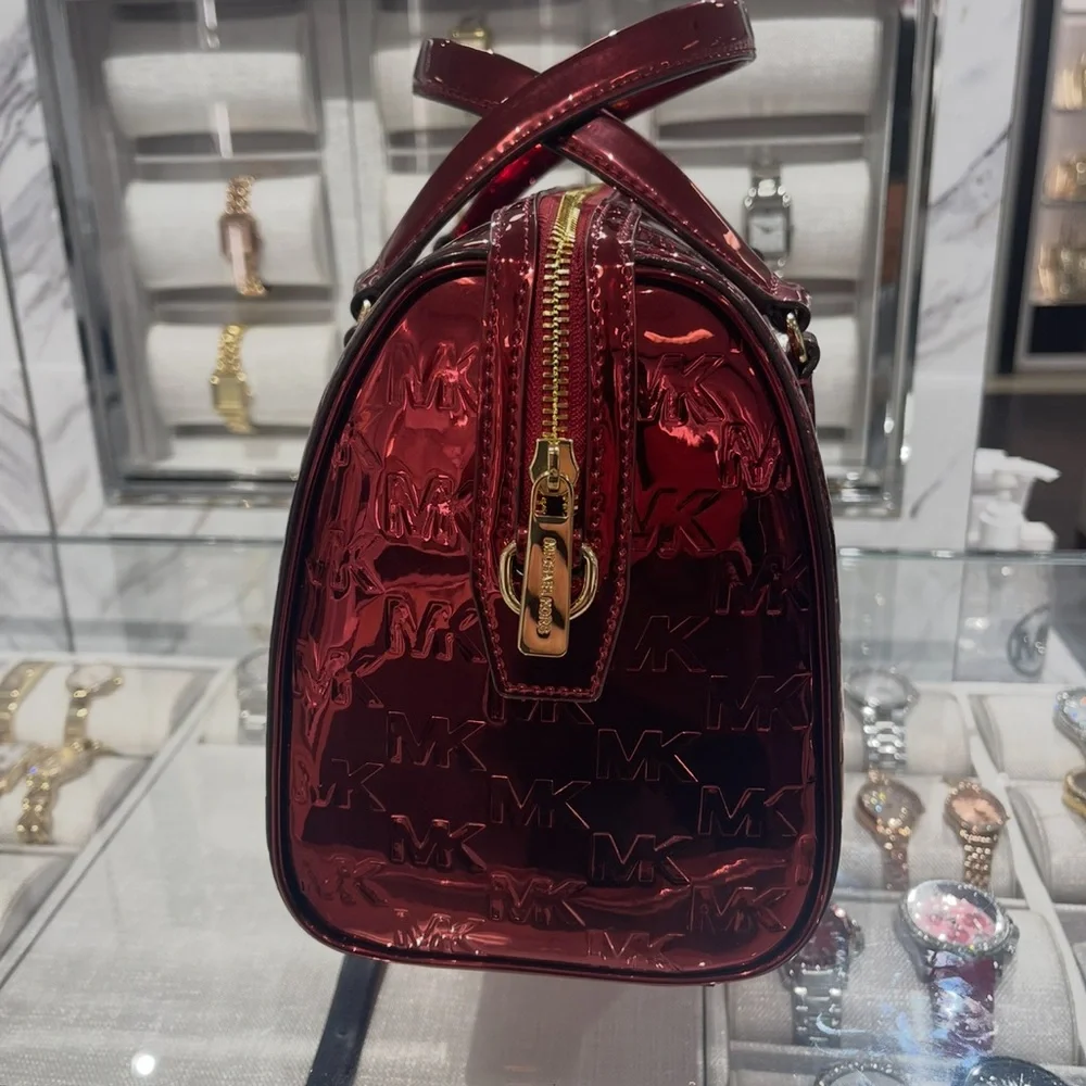 MICHAEL KORS Jet Set Medium Metallic Logo Debossed Satchel
Cherry 
NWT - Picture 3 of 15